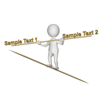 A stick figure balances words on a pole as it traverses a tightrope. This clip-art can represent balancing a difficult situation.