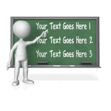 A stick figure points to three custom text spots on a chalkboard where you can put your own text into.