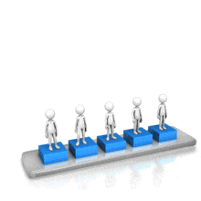 An animation of a group of 5 stick figures being raised up on bar graphs with one clear stand out.