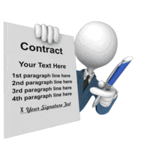 A custom animation of a stick figure offering a pen to sign a contract.