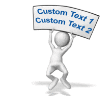 A stick figure jumping up and down holding a sign that you are  able to put your own custom text on.