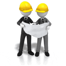 An animation of two figures in suits with hardhats looking and pointing at a blueprint.