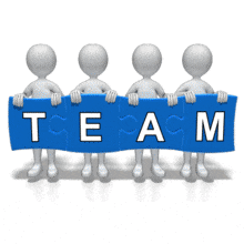 A group of stick figures hold up pieces of a puzzle that form the word you want in this piece of custom clipart.