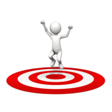 An animation of a stick figure jumping on top of target in celebration.