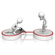 An animation of a stick figure sawing a connection from platform to another platform.