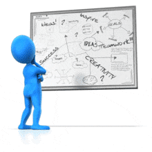 A figure walks back and fourth holding a marker looking at a whiteboard with marker writings on it.