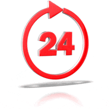 This animation shows a circle arrow going around the number twenty four.  Displays a concept of something happening for 24 hours.