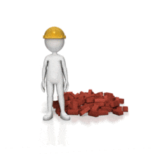 A figure wearing a hard hat gets hit in the head by a falling brick. This clip-art can represent workplace safety.