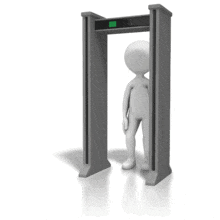 An animation of a stick figure walking through a metal detector with alarm going off.