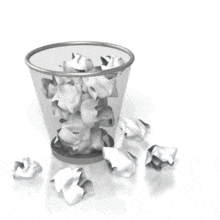 This animation shows a crumbled up piece of paper being thrown at a waste basket but missing.