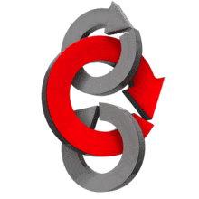 Three circle arrows rotate intersecting each other with the middle one colored to standout.