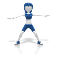 A female stick figure exercises by touching her toes.