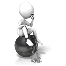 An animation of a stick figure sitting on top of a large steel ball in chains thinking.