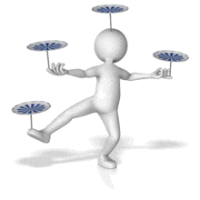 In the animation a figure performs a multitask by spinning five flat objects at one time.