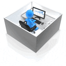 A stick figure works at his desk inside a box. This clip-art can represent a worker being limited in his or her role.