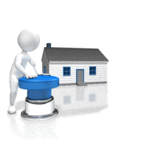 A figure presses a button to search through different homes. This clip-art can represent online realty searching.