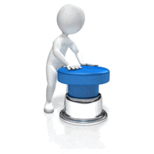 A stick figure push a giant blue button.