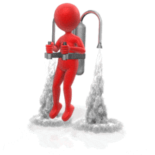 A stick figure wearing a rocket pack shoots out smoke as it hovers above the ground.