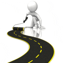 An animation of a stick figure creating a road by painting with a roller.