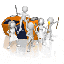 A group of armed rioters protest around a tipped-over car.