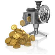 A machine cranks out gold coins. This clip-art can represent industry profits.
