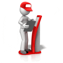 An animation of a figure checking things on clipboard and putting information in computer station.