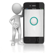 An animation of a figure pushing a button scrolling through a smart phone interface.