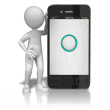 An animation of a figure pushing a button scrolling through a smart phone interface with custom text spots.