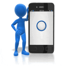 An animation of a colored figure pushing a button scrolling through a smart phone interface.