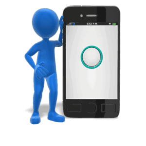 An animation of a figure pushing a button scrolling through a smart phone interface with custom text spots.