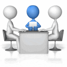 This animation shows two figures across the table from each other discussing as another figure sits between them holding a piece of paper.