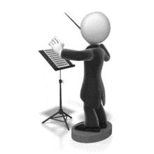 An animation of a stick figure conducting music.