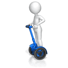 This animation shows a a figure riding on a standup transportation device.