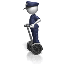 This animation shows a cop figure riding on a stand up transportation device.