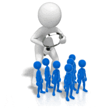 An animation of a large figure using a magnifying glass to look at a group of little figures.