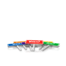 An animation of a combination of six questions popping up on multi-colored boards.