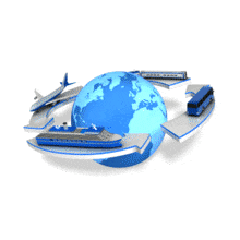 This animation shows four means of travel transportation on arrows rotating around an earth.