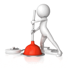 A figure uses a plunger to unplug a drain.