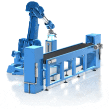 A robotic arm places a cube into a box moving along a conveyor belt.