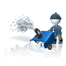 A stick figure in winter gear uses a snowblower to clear the way.