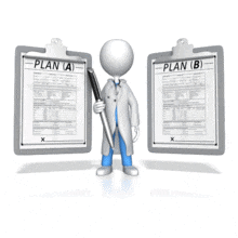 This clip art image shows a doctor with a pen standing next to health plan A and health plan B.
