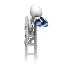 An image of a stick figure on top of the ladder looking out using binoculars.