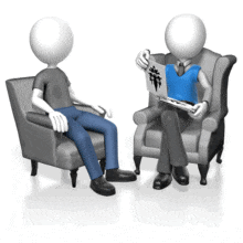 A stick figure is administered a Rorshach inkblot test by another stick figure.