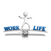 An animation of a concept of a figure standing on a beam balancing both life and work.