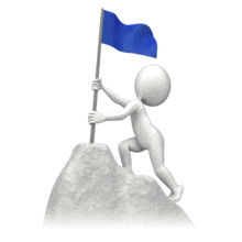 An animation of a stick figure holding a flag pole at the top of a mountain.