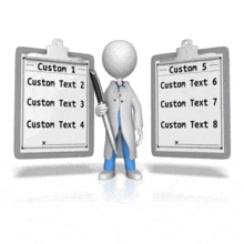 This animation shows a doctor with a pen standing next to two custom clipboards with room for your own text on each side.