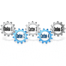 This animation shows five gears turning with the center two colored.  There is room for custom text inside each gear