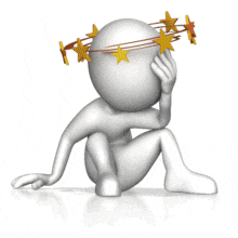 A figure sits on the ground rubbing head as stars circle above.