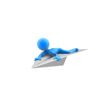An animation of a figure riding on top of a paper airplane.