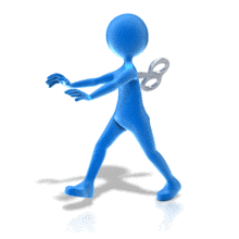An animation of a mechanical stick figure walking with key rotating on back.